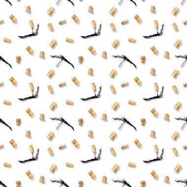 Beyaz arka planda kusursuz şarap mantarları. Kumaş baskısı, kağıt baskısı, duvar kağıtları, tasarım için tıpa ve tirbuşonu olan kusursuz şarap deseni