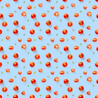 Kırmızı domatesli kusursuz desen. Mavi arkaplanda domates izole edilmiş. Sebze soyut, dikişsiz desen. Organik Domatesler düzdü..