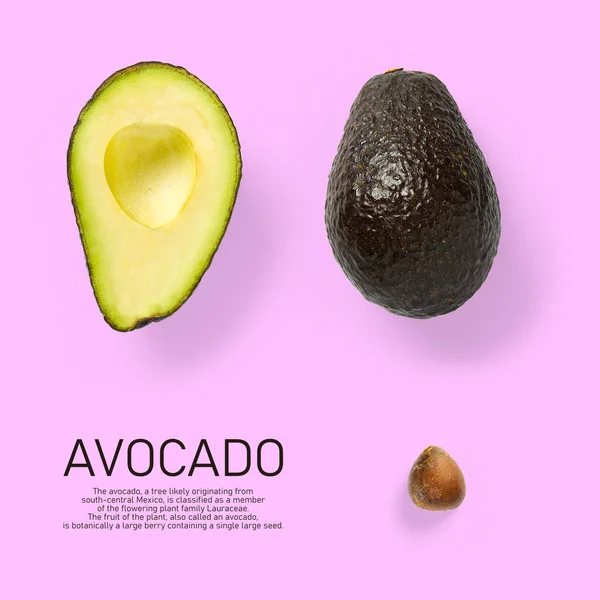 Modern creative avocado collage with simple text on solid color background. Avocado slices creative layout on pink background. Flat lay, Design elements, Food concept