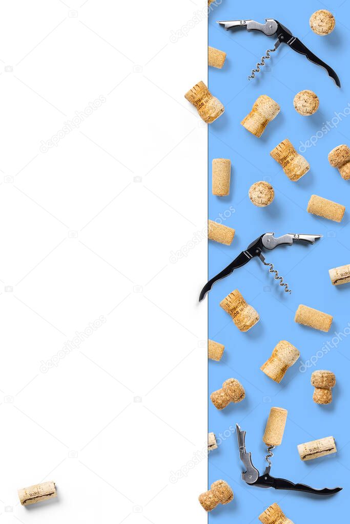 wine corks creative flat lay layout on a white backlit background. flatlay creative wine set with corks and corkscrew for design concept