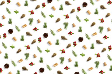 Çam kozalağı, şarap mantarı, çam dalı ve yaban mersinli Noel arkaplanı. Beyaz arkaplanda noel arkaplanı