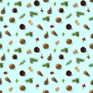 Çam kozalakları, şarap mantarı ve yaban mersinli Noel desenleri. Mavi bir arka planda kusursuz bir Noel deseni. Gerçekçi fotoğraf kolajı. Kağıt, kumaş, duvar kağıdı için yazdır.