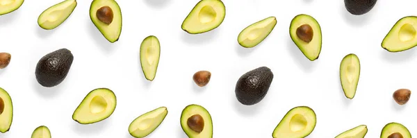 Avocado Banner Hintergrund Aus Isolierten Avocado Stücken Auf Weißem Hintergrund — Stockfoto