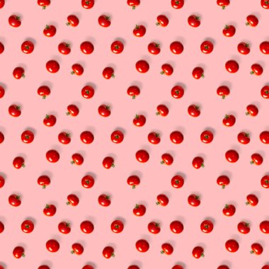 Kırmızı domatesli kusursuz desen. Kırmızı arkaplanda domates izole edilmiş. Sebze soyut, dikişsiz desen. Organik Domatesler düzdü..