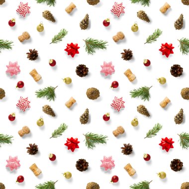 Beyaz arka planda yeni yıl süslemeleri olan kusursuz, düzenli, yaratıcı bir Noel deseni. Noel süslemelerinden yapılmış Xmas Modern Kusursuz desen. Kumaş, baskılar, duvar kağıtları, afişler veya yaratıcı tasarım çalışmaları için fotoğraf kalitesi deseni.