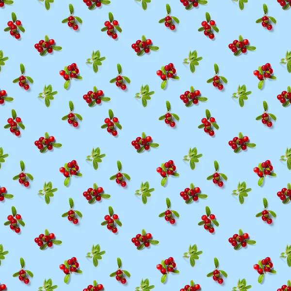 Lingonberry Seamless Pattern Blue Background Fresh Cowberries Cranberries Leaves Seamless — Stock Photo, Image