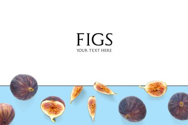 Taze olgun incirlerin yaratıcı yerleşimi. Yemek Fotoğrafı. Örnek metinli modern İncir Kolajı. Metin kopyalama alanı için alanı olan beyaz arkaplan üzerindeki incirler.