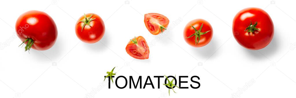 Creative wide layout made of tomato on the white background. Creative flat lay set of tomatoes with simple text on white background banner, copy space. tomato theme decoration design or vegetarianism concept.