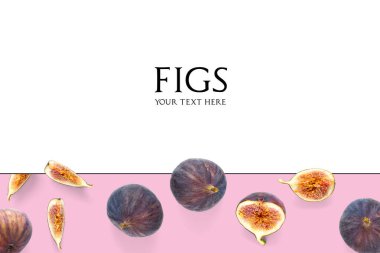 Taze olgun incirlerin yaratıcı yerleşimi. Yemek Fotoğrafı. Fotokopi alanı olan beyaz arkaplandaki incirler. Örnek metin ile modern İncir kolajı.