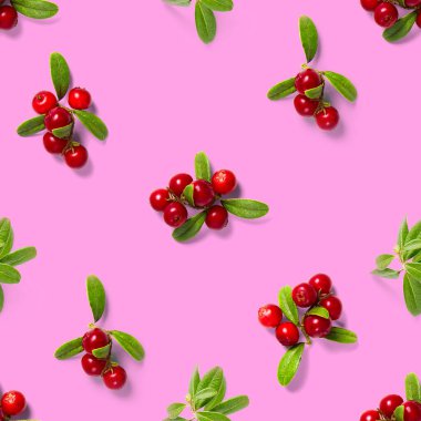 Pembe arka planda yaban mersini deseni var. Tekstil, kumaş ve parmak izi için dikişsiz desen olarak yapraklı taze inek üzümü veya kızılcık.
