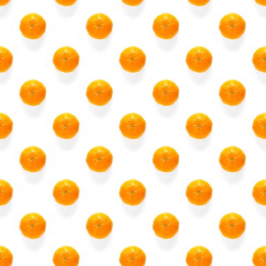 Taze mandalina deseni. Olgun meyve mandalinası, dikişsiz desen. Taze narenciye, beyaz arka planda izole edilmiş. Clementine 'ın yatağı. Mandalina modern tropikal arkaplan.