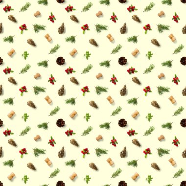 Çam kozalakları, şarap mantarı ve yaban mersinli Noel desenleri. Sarı bir arka planda kusursuz bir Noel deseni. Gerçekçi fotoğraf kolajı. Kağıt, kumaş, duvar kağıdı için yazdır.