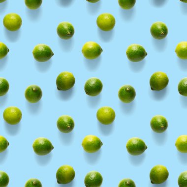 Yeşil limonlu, pürüzsüz desen. Tropikal, soyut, kusursuz desenli arka plan. Taze taze limon mavi arka planda.