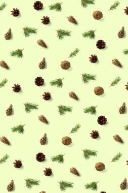 Yeşil konusunda yaratıcı çam kozalağı Noel arkaplanı. Çam dalları ve koniler. En az yaratıcı koni düzenleme şablonu. Düz yatış, üst manzara. Yeni yıl duvar kağıdı. Doğa çam kozalağı modern Noel Arkaplanı