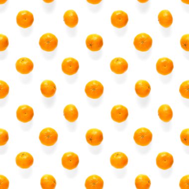 Taze mandalina deseni. Olgun meyve mandalinası, dikişsiz desen. Taze narenciye, beyaz arka planda izole edilmiş. Clementine 'ın yatağı. Mandalina modern tropikal arkaplan.