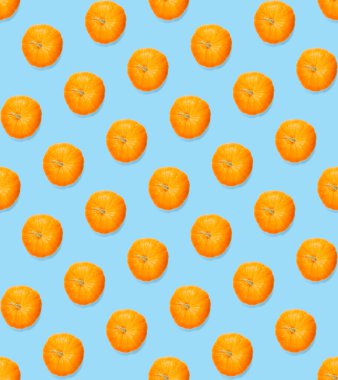 Balkabağıyla kusursuz desen. Balkabağı kalite desen. Mavi arkaplanda kabaklardan yapılan sonbahar soyut ve pürüzsüz desen.