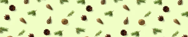 Creative Pine Kužel Vánoční Pozadí Zelené Borové Větve Kužely Minimální — Stock fotografie