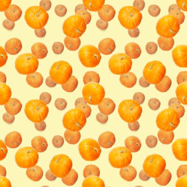 Balkabağıyla kusursuz desen. Balkabağı kalite desen. Sarı arkaplanda kabaklardan yapılan sonbahar soyut ve pürüzsüz desen.