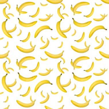 Muz pürüzsüz desen. Patlamış sanat muzu deseni. Muzlu tropik soyut arka plan. Beyaz zemin üzerinde sarı muz renkli meyve deseni, düz yatıyordu