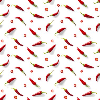 Kırmızı, kırmızı, dikişsiz biber deseni. Beyaz arka planda kırmızı biberden ya da kırmızı biberden yapılmış kusursuz desen. En az besin düzeni. Gıda arkaplanı.