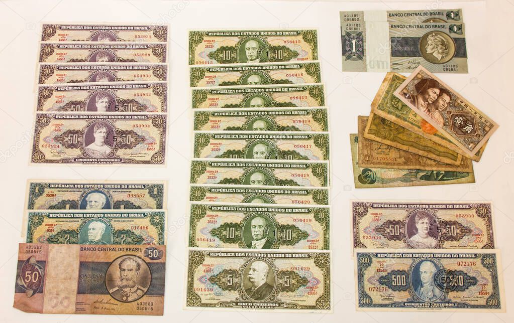 old brazilian money banknotes on a black background in rio de janeiro.