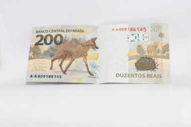 Brezilya para birimi notu. Beyaz arkaplan izollü 200 real..