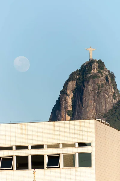 Východ Měsíce Vedle Krista Vykupitele Rio Janeiro Brazílie Září 2020 — Stock fotografie