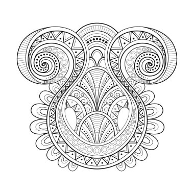 Tek renkli dekoratif girdap soyutlama, tasarım öğesi. Kabile soyut simetrik nesne. Etnik bitkisel motifler, Paisley bahçe tarzı. Boyama kitabı sayfa süsleme. Vektör kontur çizim