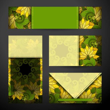 Kurumsal kimlik çiçek şablonları kümesi. Kimlik kartları, afiş, el ilanı tasarımı. Güzel soyut çiçekler, zarif kadınsı motifler. Vektör çizim. Kırpma maskesi, düzenlenebilir