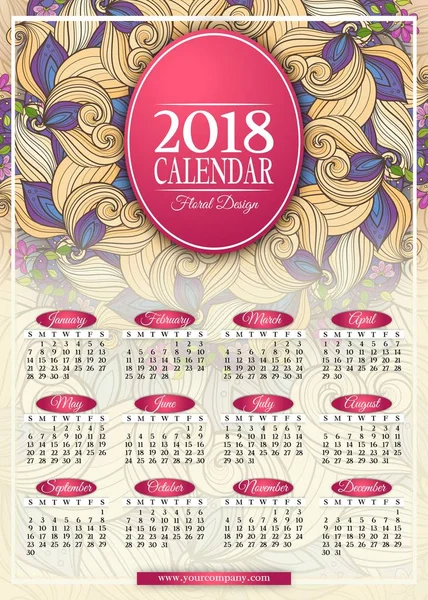 Colored 2018 Year Calendar Rectangular Template Beautiful Abstract Flowers Elegant — Stock Vector