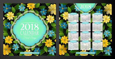 Renkli zarif kadınsı 2018 yıl takvimi şablonunu güzel çiçekler, vektör, illüstrasyon