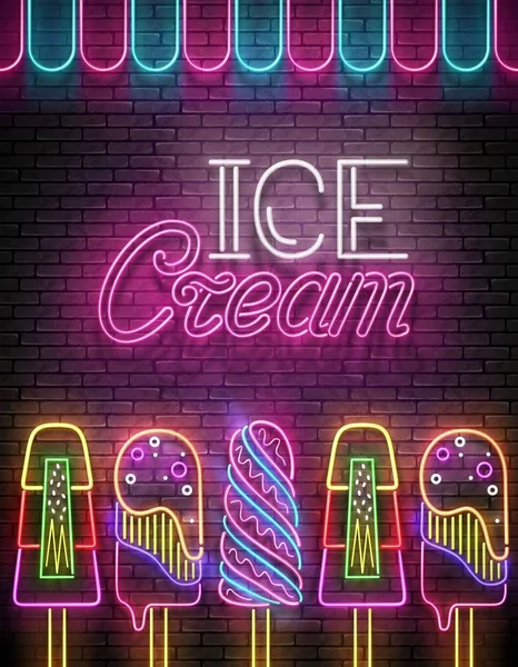 复古焕发海报与收集的冰淇淋和霓虹灯铭文 — 图库矢量图片
