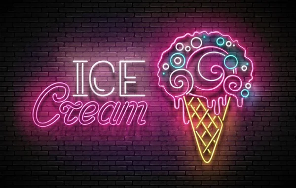 老式焕发海报与冰淇淋球在锥形和霓虹灯铭文 — 图库矢量图片