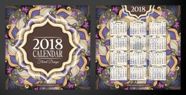 Renkli kare kadınsı 2018 yıl takvimi şablonunu güzel çiçekler, vektör, illüstrasyon