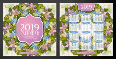Çift taraflı Meydanı kadınsı 2019 yılı takvim kalıp güzel çiçekler ve zarif kadınsı motifleri ile renkli yeşil ve pembe renkler, vektör, illüstrasyon