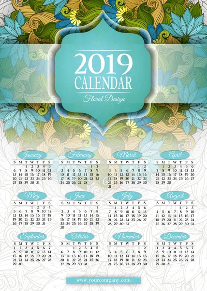 Renkli dikdörtgen kadınsı 2019 yılı takvimi şablonunu çiçek ve yeşil ve mavi renkleri, vektör, illüstrasyon zarif kadınsı motifleri ile