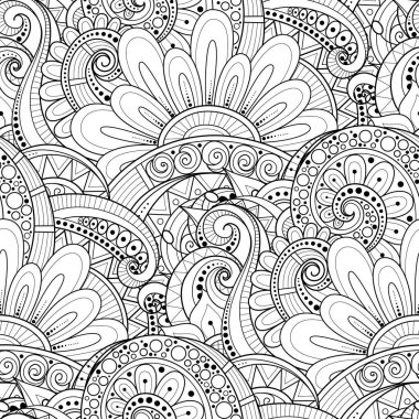 Çiçek Motifli Tek Krom Kusursuz Desen. Çiçeklerle Sonsuz Doku, Yapraklar vs. Doodle Line stilinde Doğal Arkaplan. Boyama Kitabı Sayfası. Vector Contour İllüstrasyonu. Soyut Sanat