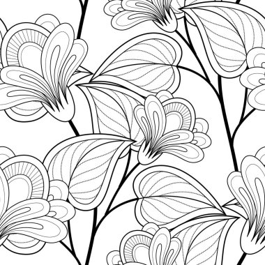 Çiçek Motifli Tek Krom Kusursuz Desen. Çiçeklerle Sonsuz Doku, Yapraklar vs. Doodle Line stilinde Doğal Arkaplan. Boyama Kitabı Sayfası. Vector Contour İllüstrasyonu. Soyut Sanat