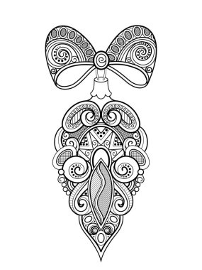 Tek renkli süslü Noel dekorasyonu, Yeni Yılınız kutlu olsun. Koni yay boncuk Tarih ile. Tatil kitabı sayfa boyama kartı tebrik için Doodle çizgi stili nesnesinde. Vektör kontur çizim