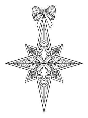 Tek renkli süslü Noel yıldızı yay, mutlu yeni yıl ile. Tatil kitabı sayfa boyama kartı tebrik için Doodle çizgi stili nesnesinde. Vektör kontur çizim