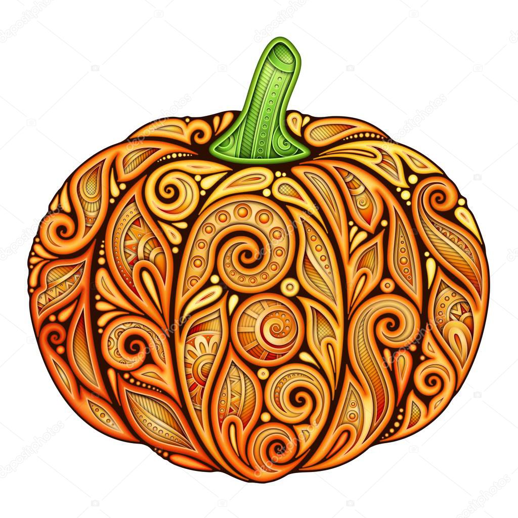 Colored Decorative Pumpkin. Fall Plant with Paisley Floral Ornament. Design Element for Thanksgiving and Halloween Holidays. Greeting Card, Label, Packaging Template. Vector 3d Realistic Illustration