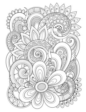 Tek renkli çiçek tasarım öğesinde Doodle çizgi stili. Çiçek ve yaprakları dekoratif kompozisyonu. Zarif doğal Motif. Boyama kitabı sayfası. Vektör kontur çizim. Süslü sanat