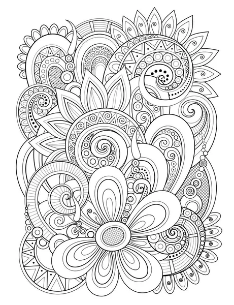 Tek renkli çiçek tasarım öğesinde Doodle çizgi stili. Çiçek ve yaprakları dekoratif kompozisyonu. Zarif doğal Motif. Boyama kitabı sayfası. Vektör kontur çizim. Süslü sanat