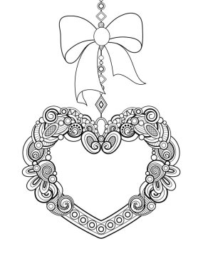 Tek renkli süslü Noel dekorasyonu, Yeni Yılınız kutlu olsun. Kalp fiyonklu, çiçekli süs. Tatil nesneleri için tebrik kartı kitap sayfa Boyama Doodle çizgi stili