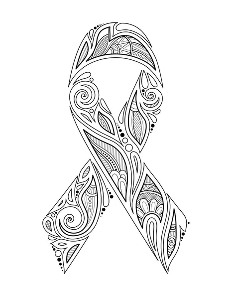 Emblema Mês Conscientização Câncer Mama Símbolo Monocromático Fita Com Ornamento — Vetor de Stock