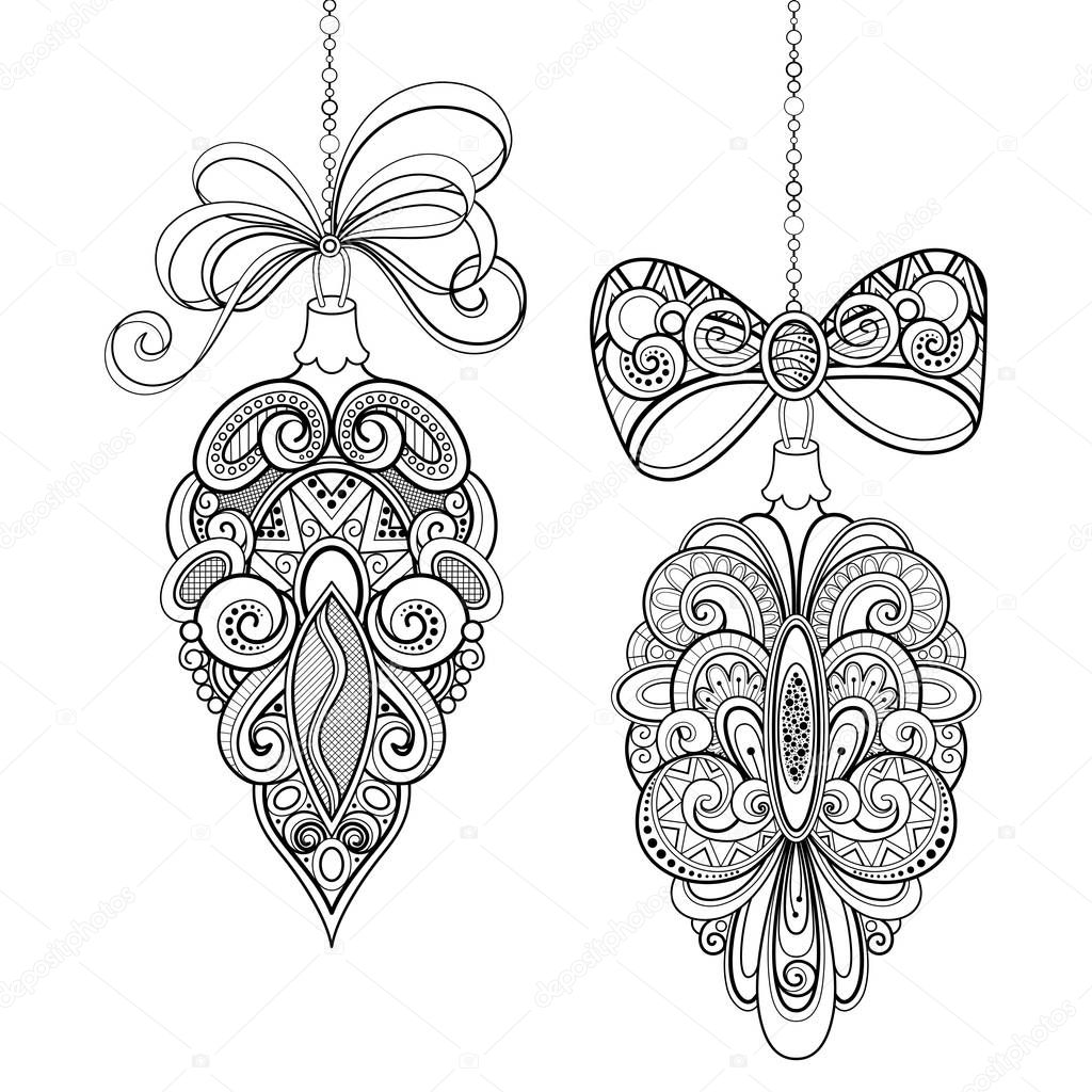 Monochrome Ornate Christmas Decorations, Happy New Year. Two Cones with Bows on Beads. Holiday Objects in Doodle Line Style for Greeting Card. Coloring Book Page