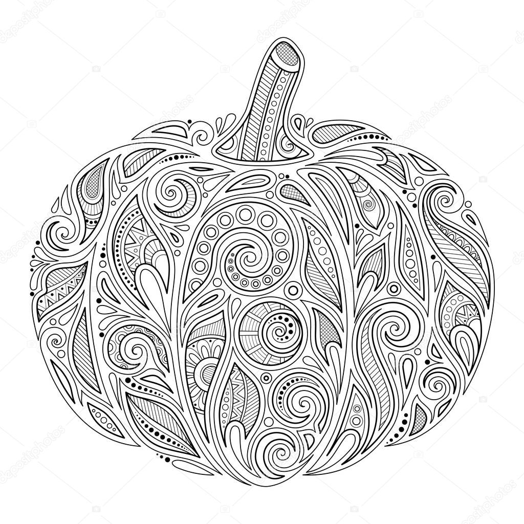 Monochrome Decorative Pumpkin. Fall Plant with Paisley Floral Ornament. Design Element for Thanksgiving and Halloween Holidays. Coloring Book Page