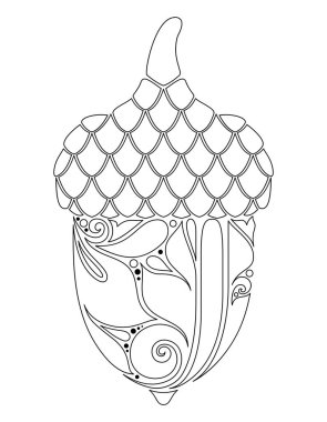 Tek renkli dekoratif meşe palamudu. Paisley çiçek süsleme, Hint motifleri ile Sonbahar bitki. Tasarım öğesi baskı için. Basit boyama kitabı sayfası. Vektör kontur çizim