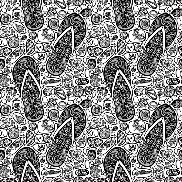 单色无缝图案与海卵石和海贝壳 详细的鹅卵石装饰品 波西米亚风格马赛克背景 民族题材 — 图库矢量图片