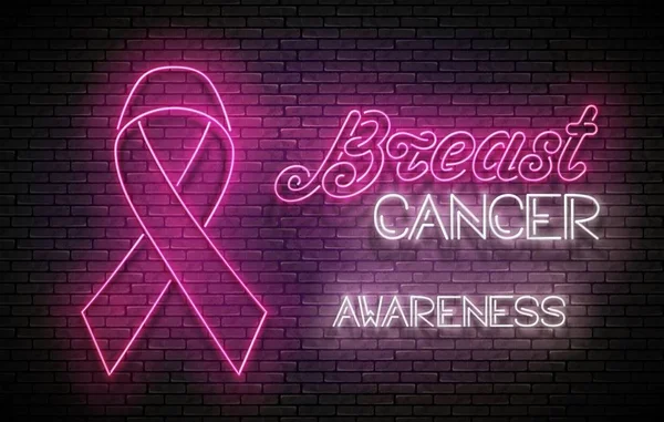 シームレスレンガの壁にピンクのリボンでヴィンテージグローの看板 乳がんの啓発月 ネオンライトポスター ベクトル3Dイラスト — ストックベクタ